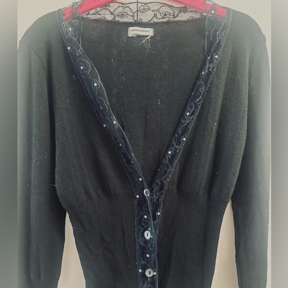 ANONYMOUS black cotton knit cardigan with blue and rhinestone trim. - Picture 4 of 8